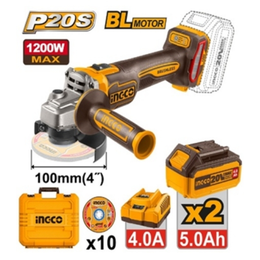 36 INGCO 20V cordless angle grinder 4'' 1200w 2x5.0aH
