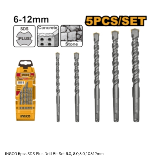 INGCO 5pcs SDS Plus Drill Bit Set 6.0 INGCO 5pcs SDS Plus Drill Bit Set 6.0, 8.0,8.0,10&12mm - Image 1