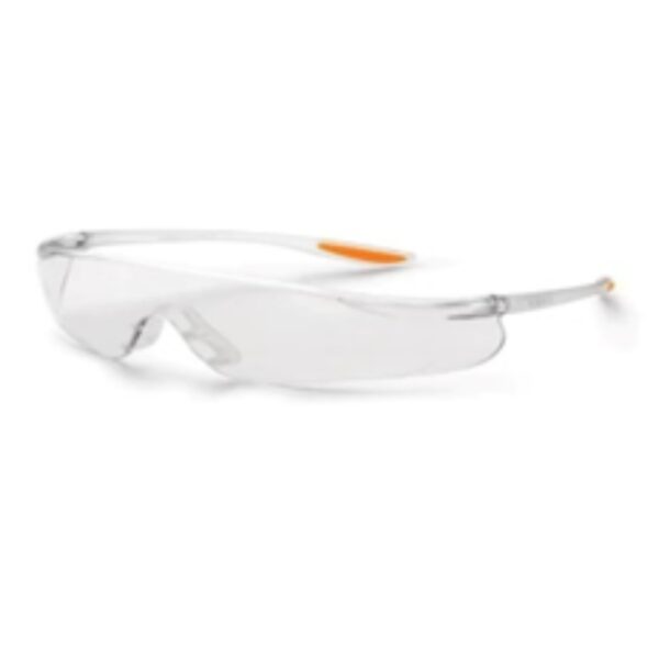 Lightweight safety eyewear with clear lenses; scratch‑resistant and comfortable for all‑day protection.